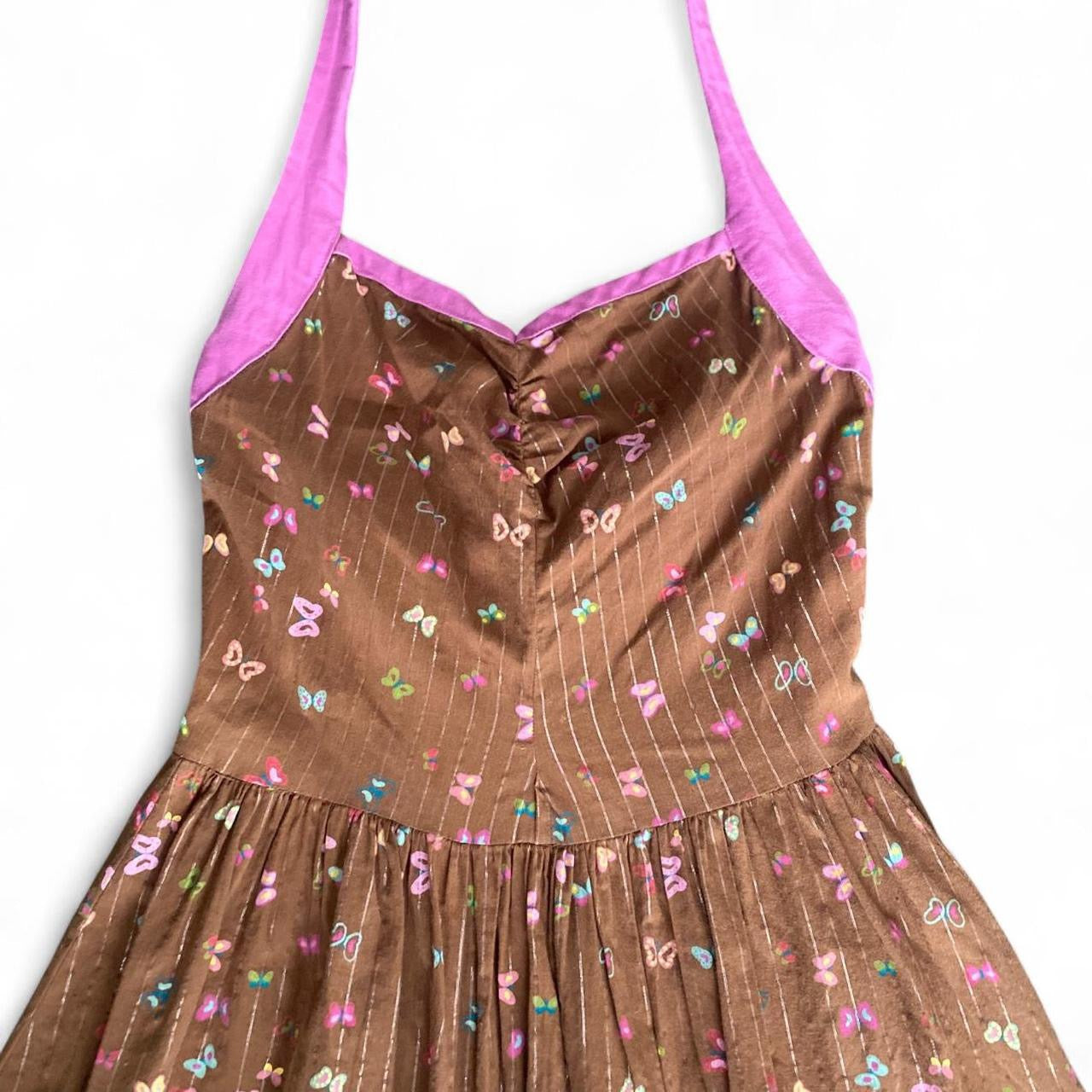 Y2K style brown halter dress with cute butterfly print