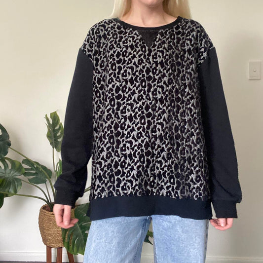 Black and grey leopard print oversized crew neck jumper
