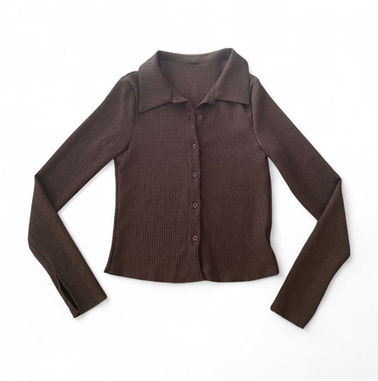 Cute brown cropped button up collared longsleeve