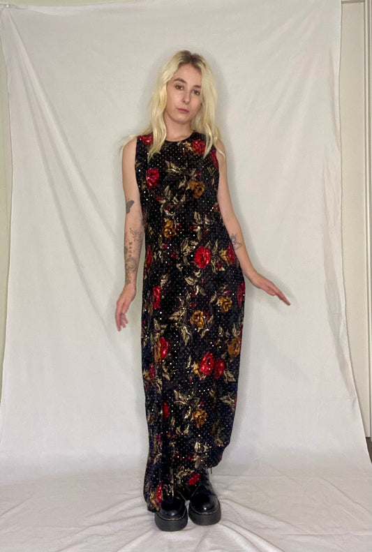 Stunning 90s Black floral sequin maxi dress