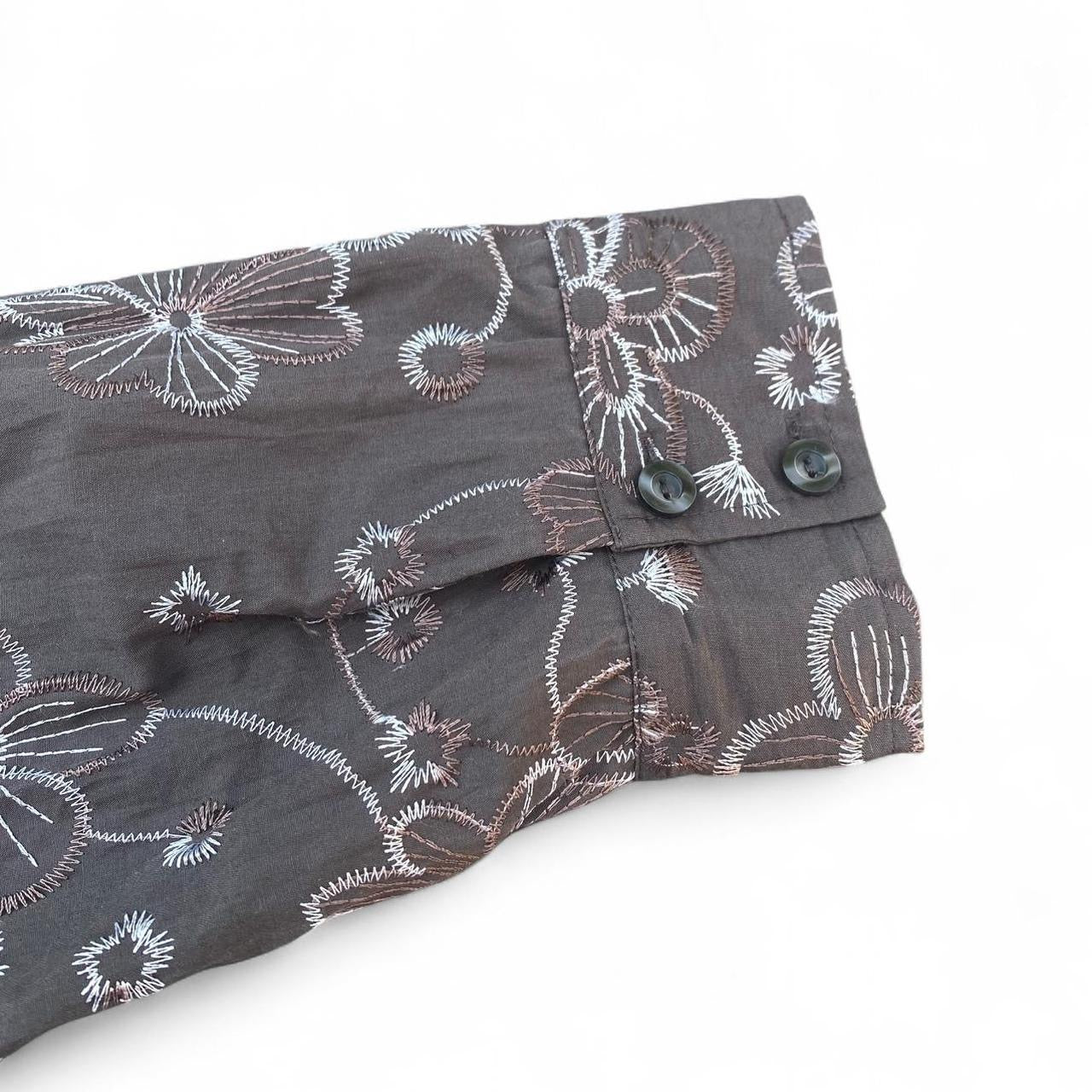 Brown/white embroidered floral button-up shirt