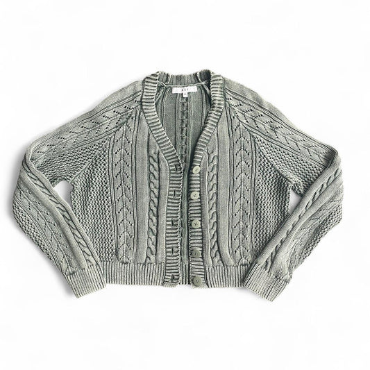 Khaki green cable knit cardigan with button front