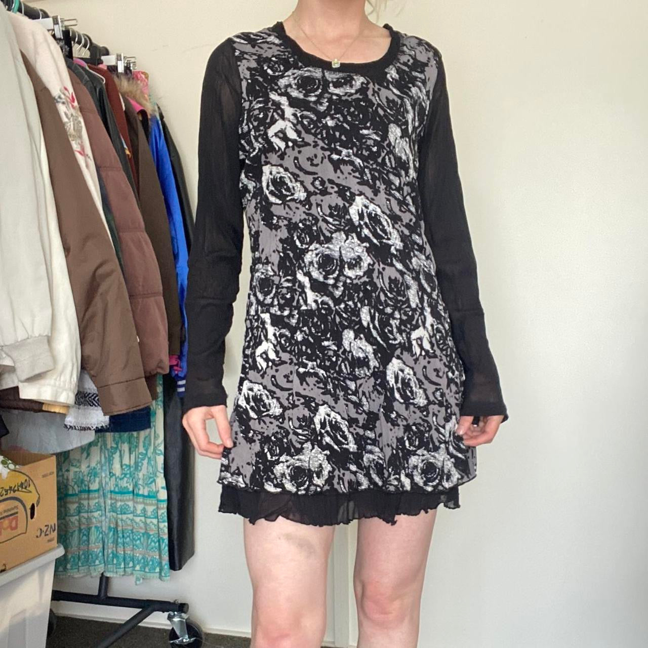 Beautiful Black & grey floral print dress with ruffle hem