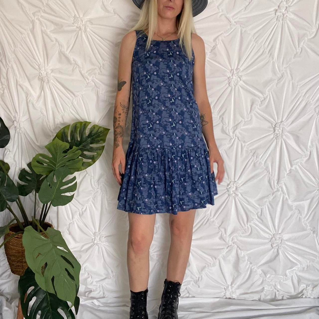 Blue floral printed mini dress with ruffle hem