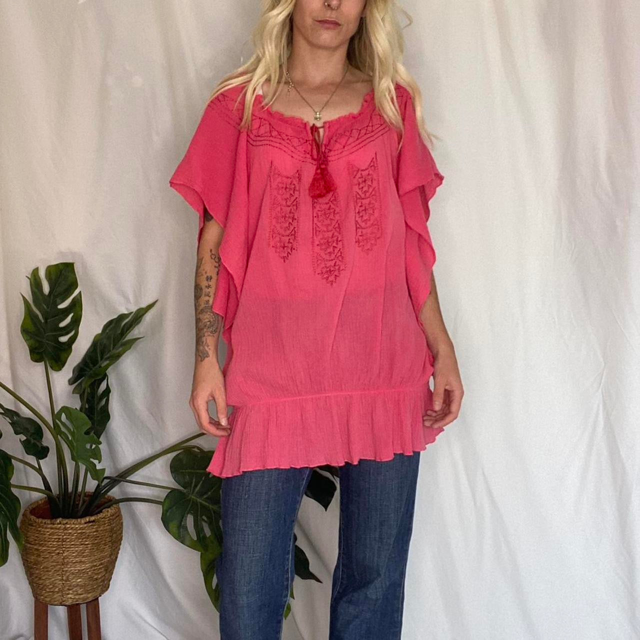 Y2K pink boho embroidery flowy top