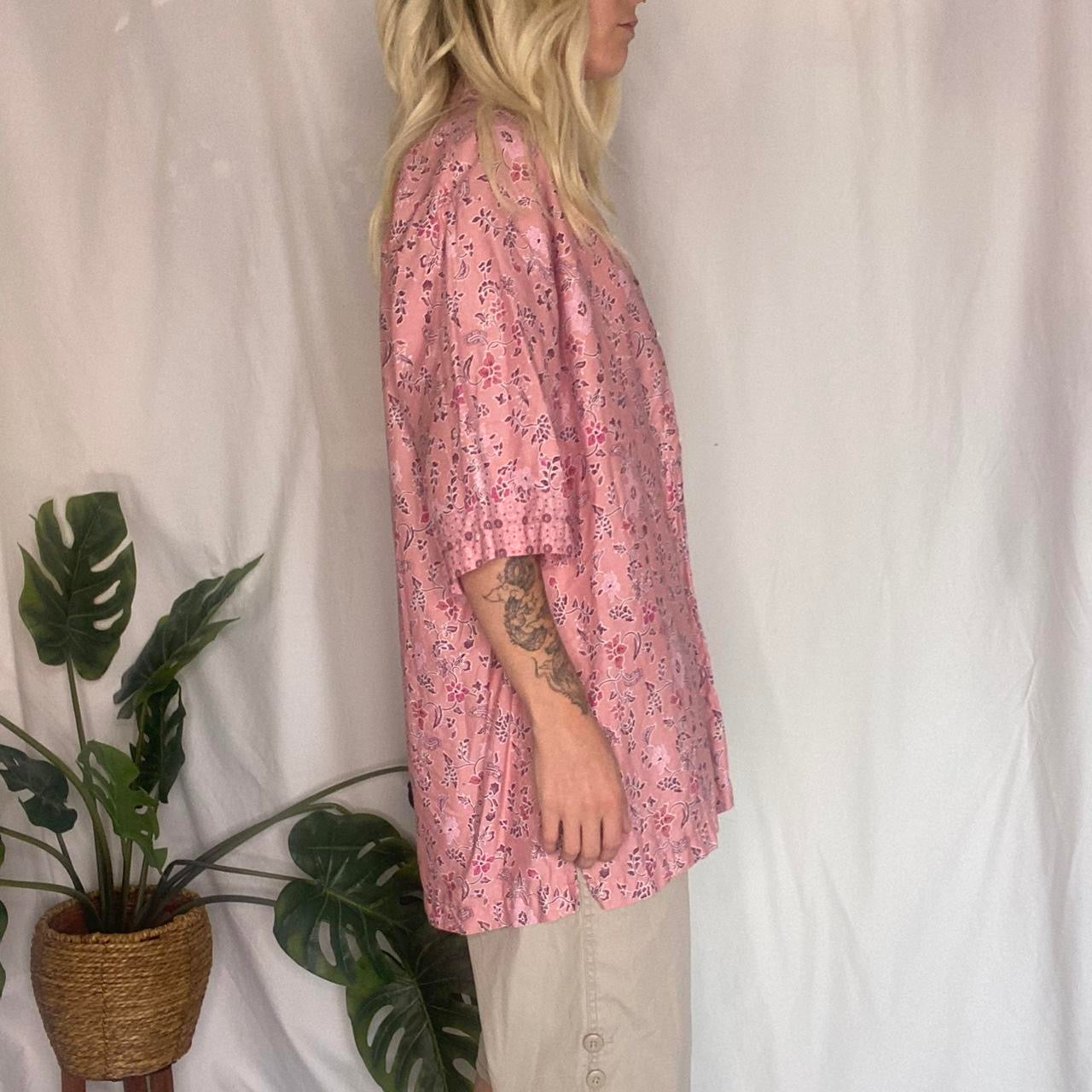Pink floral button up t-shirt