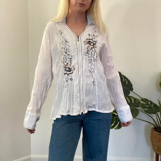 Y2K white ruched zip up blouse with amazing beading