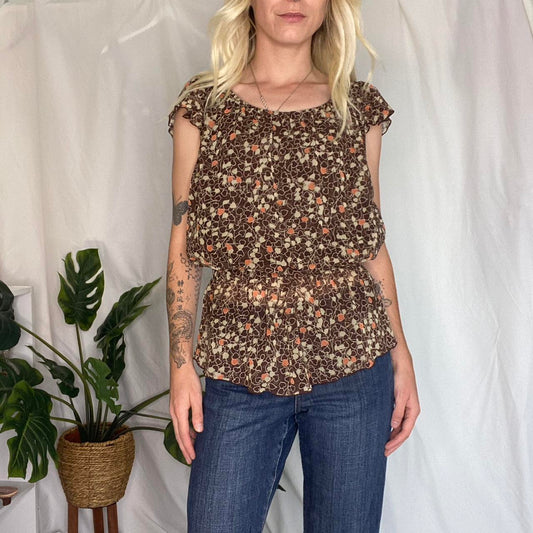 Y2K Brown/Orange Heart print ruffle top