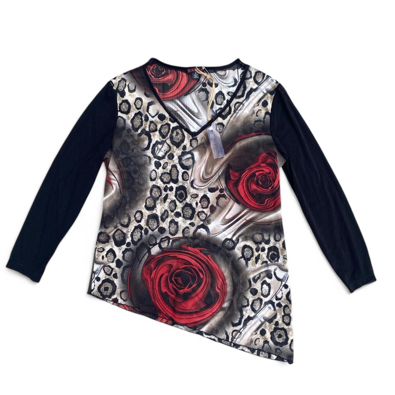 Cool 00s Rose and Leopard Print Asymmetrical Top