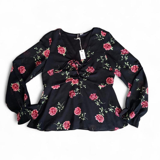 Black floral blouse with tie up front