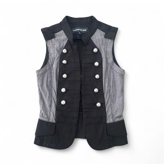 Y2K tailored black and plaid vest with cool gold buttons