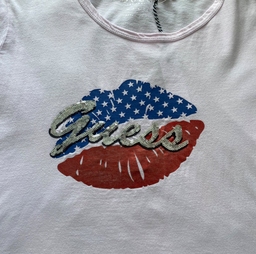 Y2K Guess white cotton top with red and blue lips and American flag design