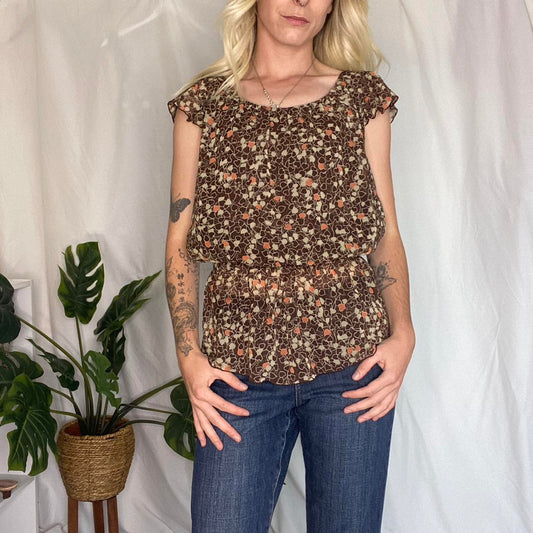Y2K Brown/Orange Heart print ruffle top