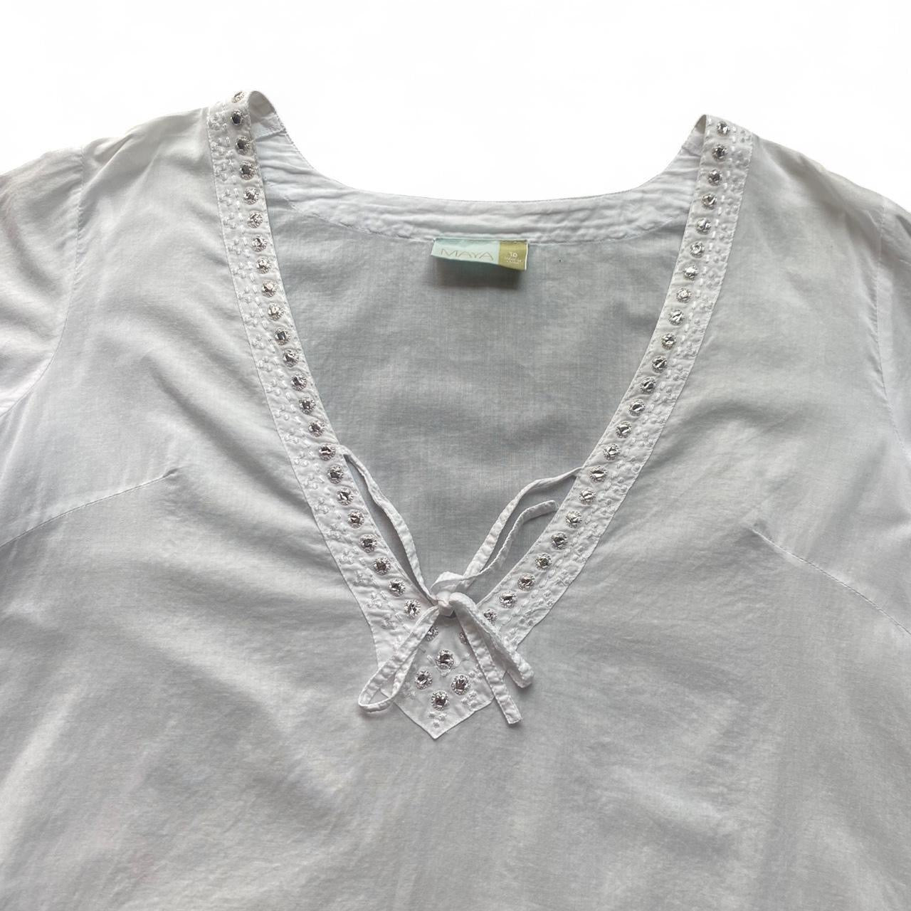 White beachy boho V neck long sleeve top