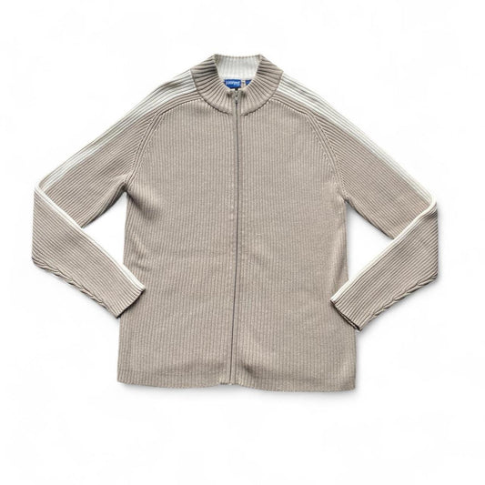Y2K tan and white ribbed zip-up sweater