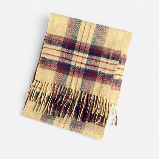 lightweight yellow plaid scarf with fringe