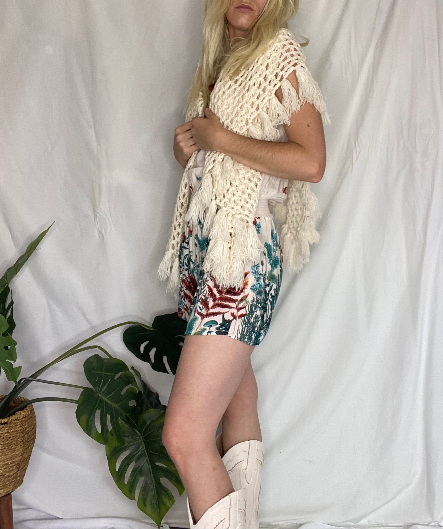Cute Cream boho crochet shawl with fringe