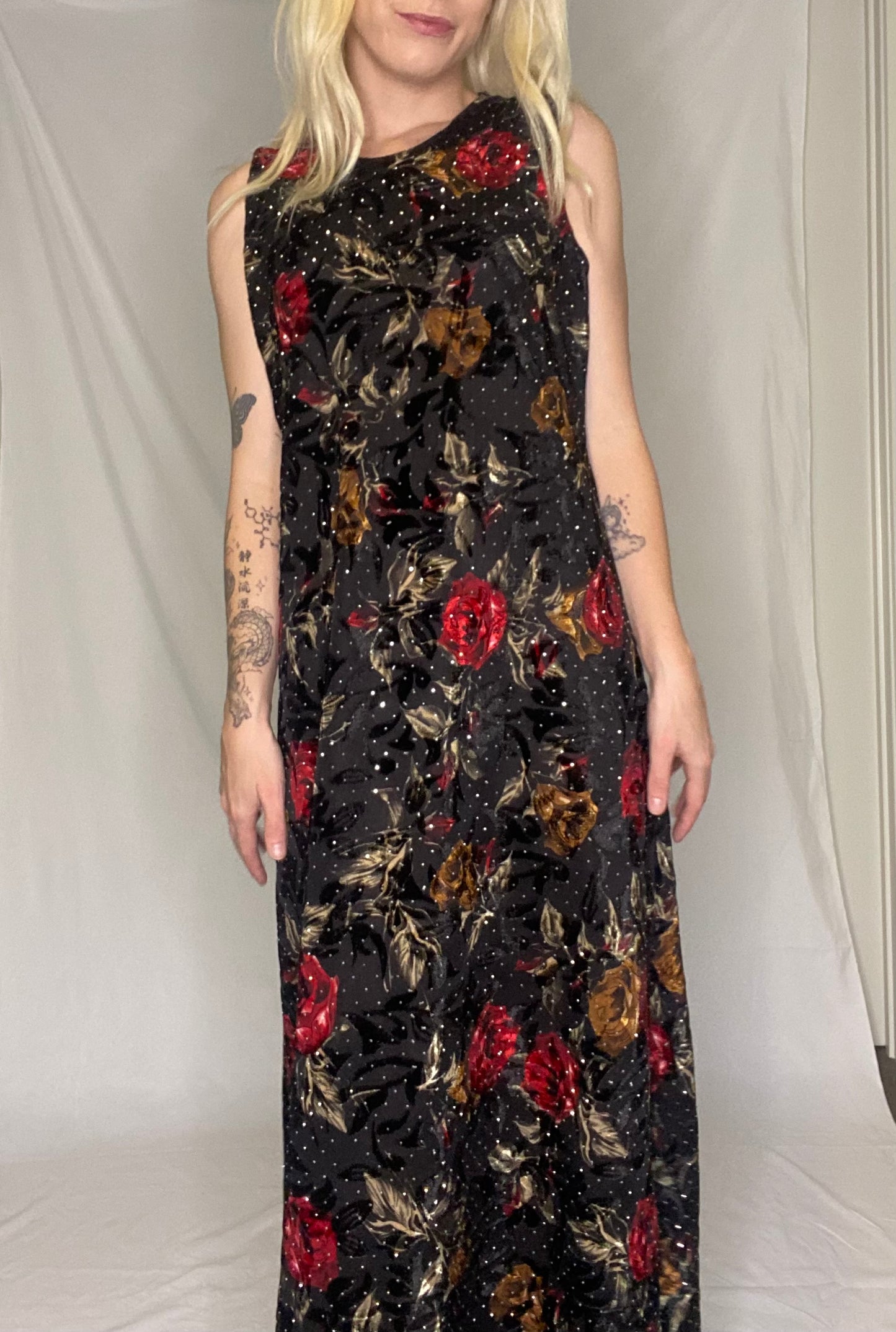 Stunning 90s Black floral sequin maxi dress