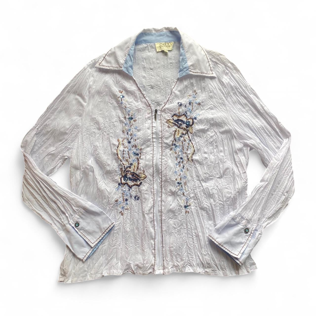 Y2K white ruched zip up blouse with amazing beading