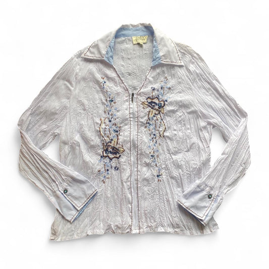 Y2K white ruched zip up blouse with amazing beading