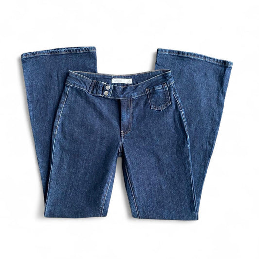 Low-rise flare jeans with button belt detail