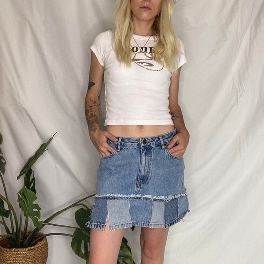 Reworked denim mini pleated style skirt