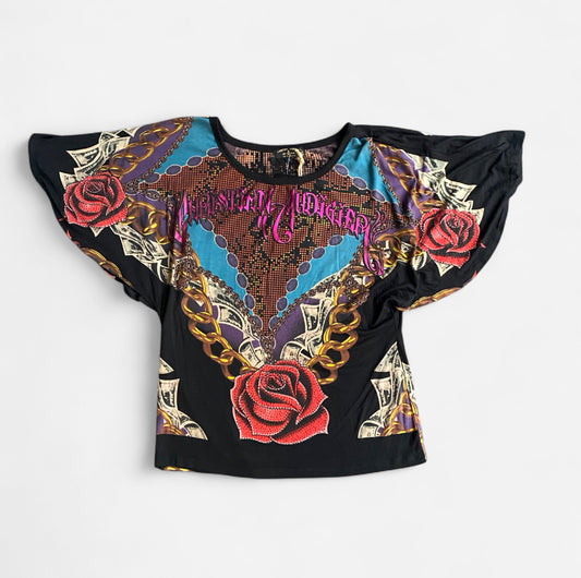 Insane Y2K Christian Audigier graphic rose print top