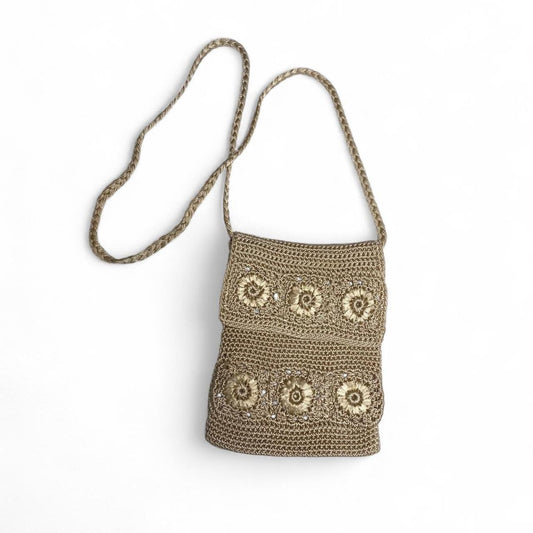 Beige crochet floral embroidered boho side bag