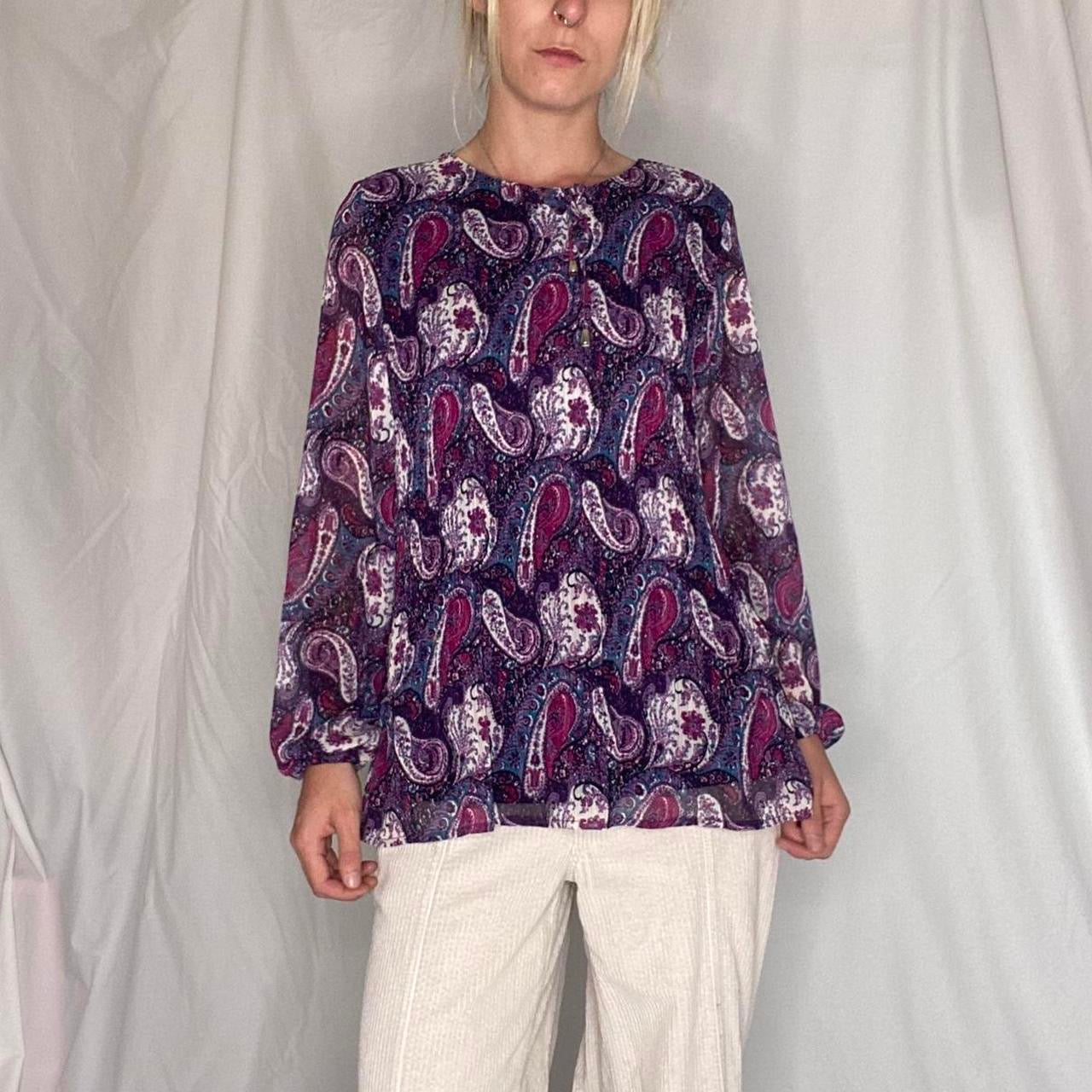 Purple paisley print boho blouse with tie up front