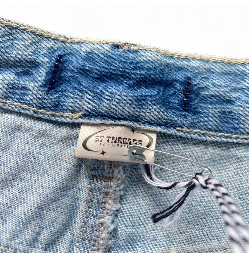 Blue denim 37 Threads reworked mini skirt with ruffles