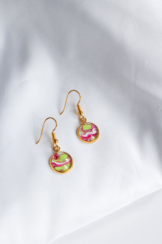 Pink, Green & Gold Circle Pendant Earrings