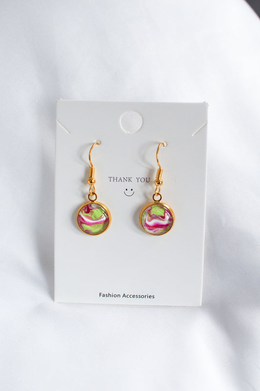 Pink, Green & Gold Circle Pendant Earrings