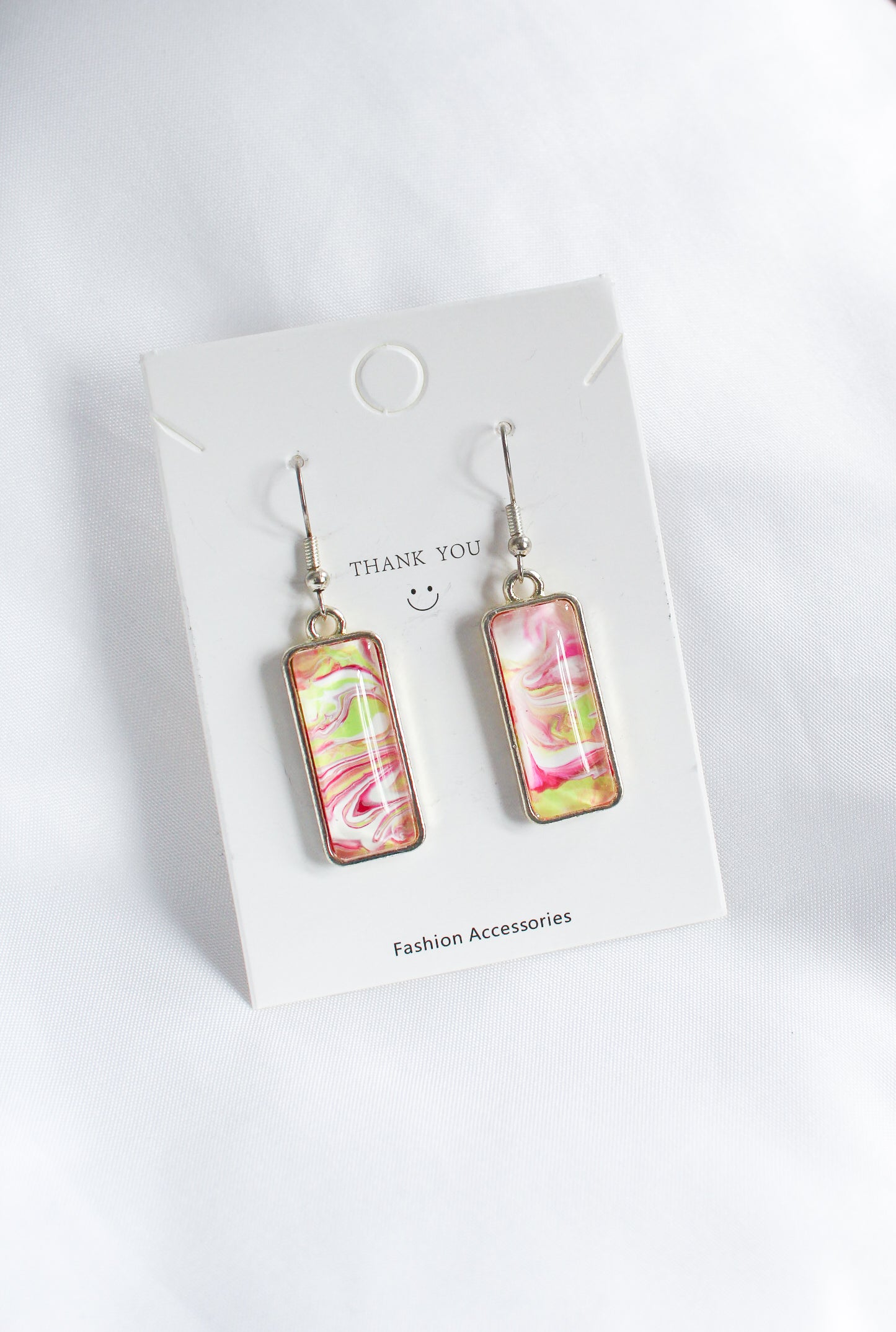 Pink & Green Rectangle Pendant Silver Earrings