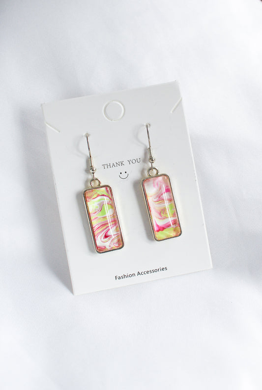 Pink & Green Rectangle Pendant Silver Earrings