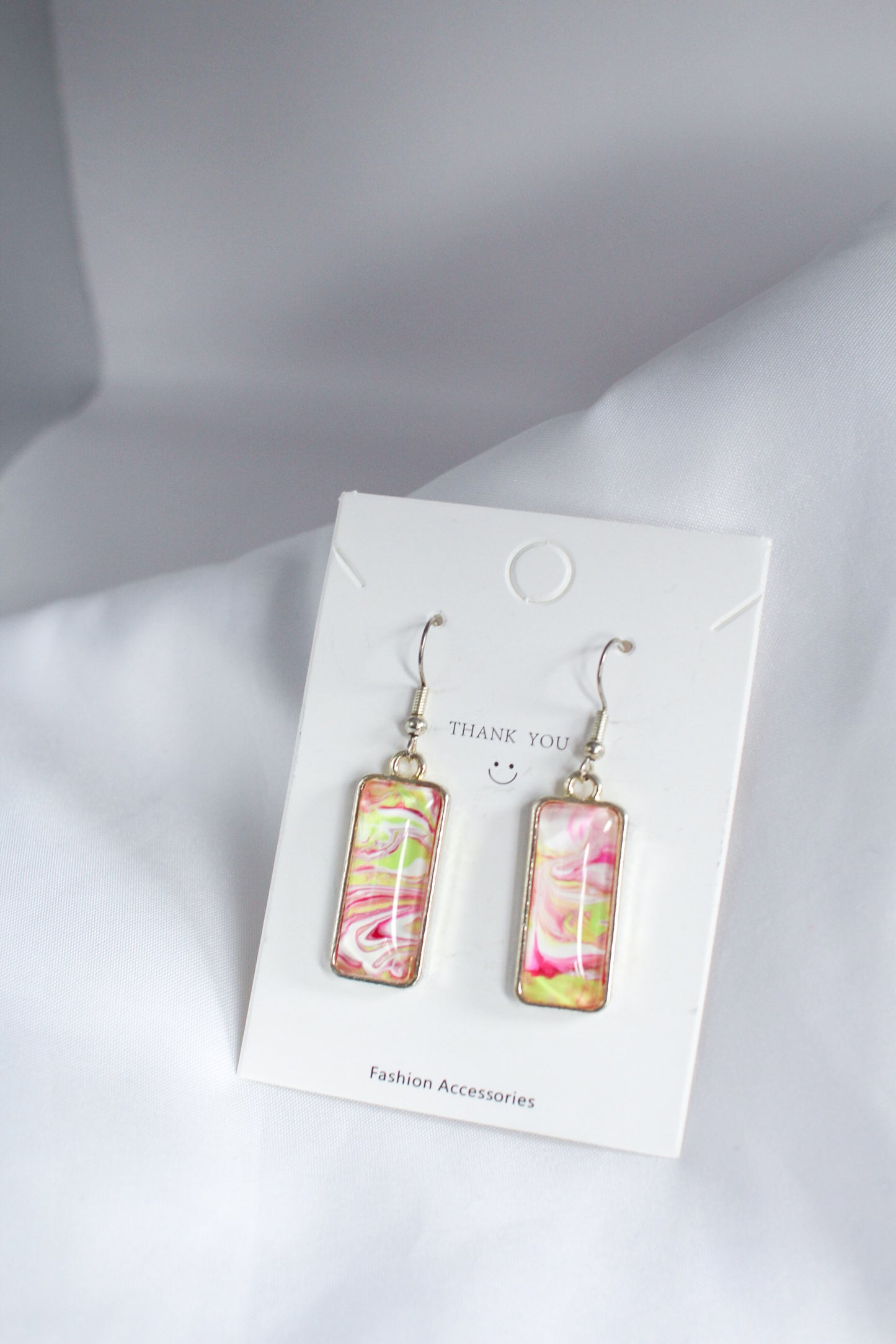 Pink & Green Rectangle Pendant Silver Earrings