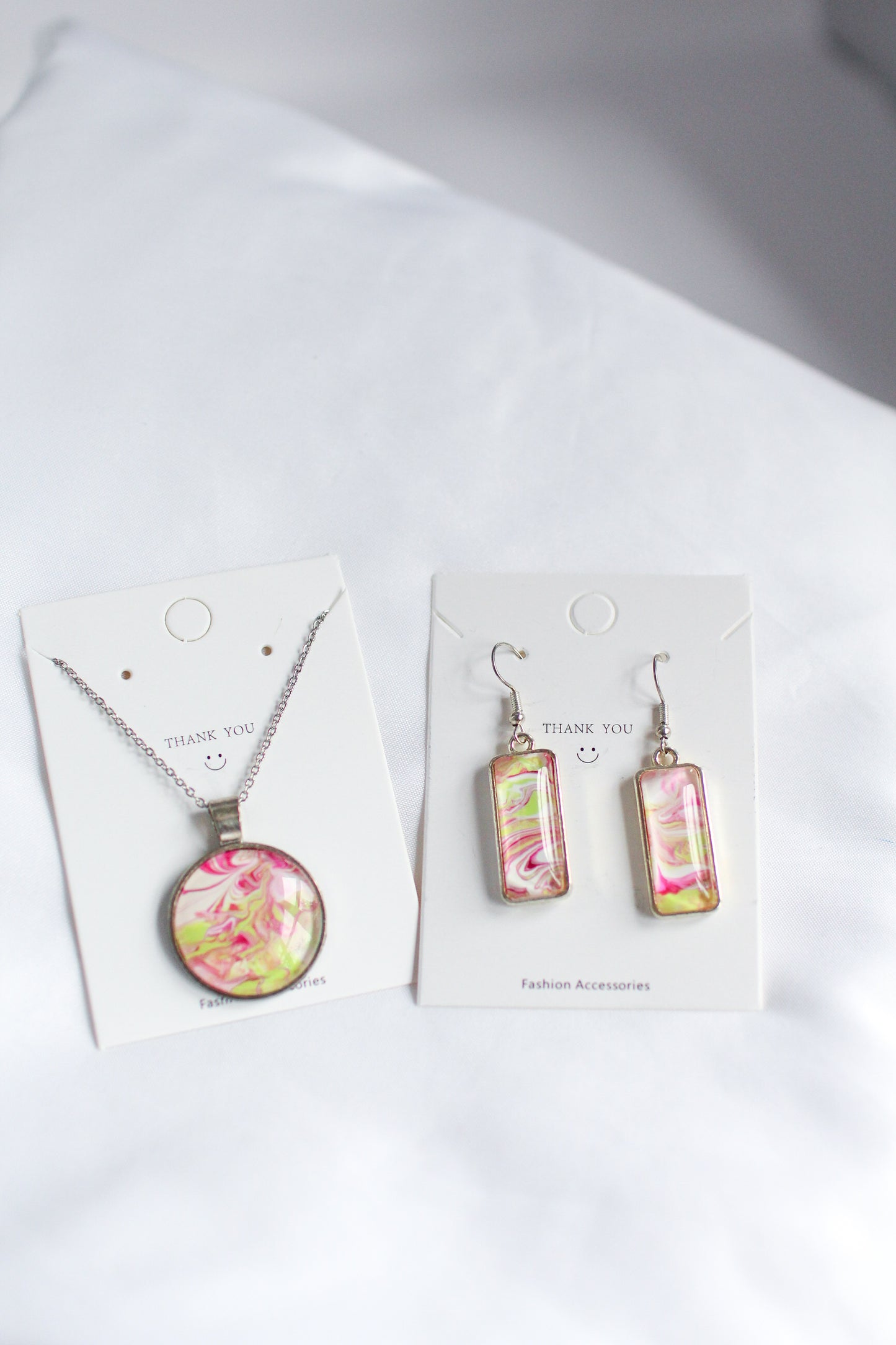 Pink, Green & Silver Necklace + Earring Set