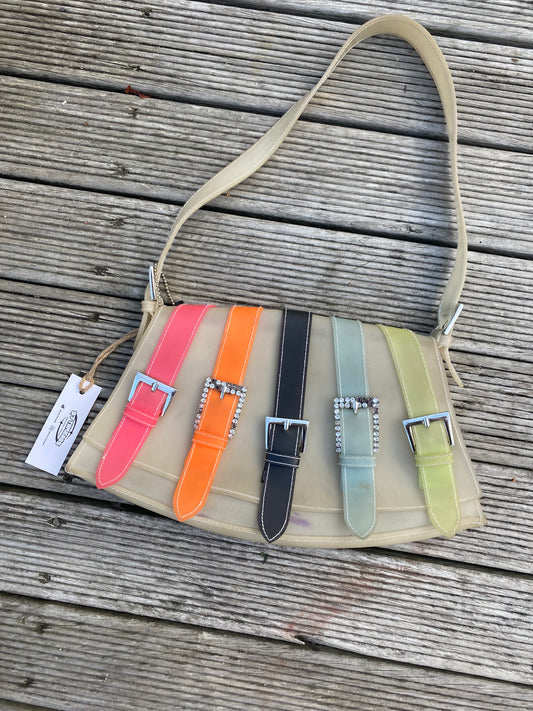 Funky Cream and multi-color belt shoulder bag